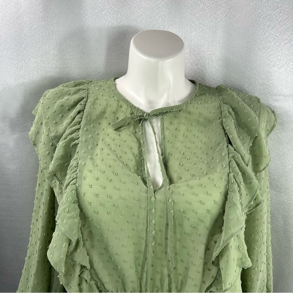 New York & Company Olive Green Clip-Dot Ruffle Blouse - Lily & Cali XL - Picture 3 of 8